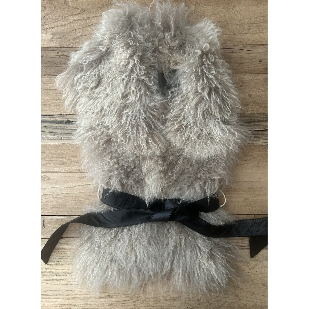 GLAMOURPUSS NYC Tibetan Mongolian Curly Lamb Collar Stole Cream Beige W/ Belt